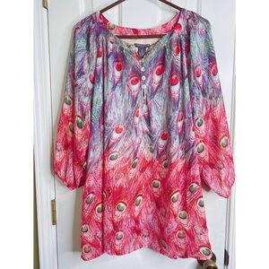 Chelsea & Theodore Peacock print, sheer top. Sz 2x
